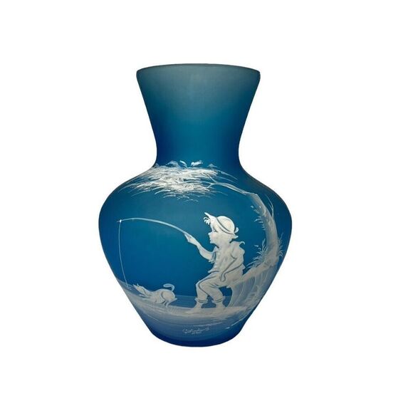 Westmorland Artist Signed 1971- Mary Gregory Vase Boy Fishing Blue Satin 7" tall - Picture 1 of 9